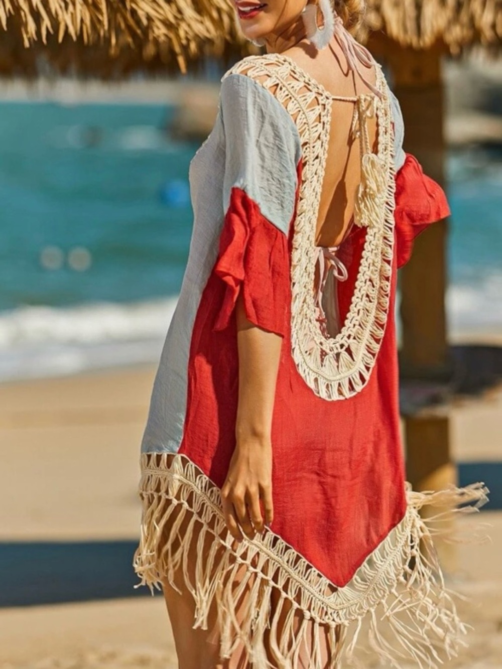 SHEIN Colorblock Light Blue & Red Boho Fringe Hem Cover-Up Summer Tunic Size OS - Picture 2 of 10